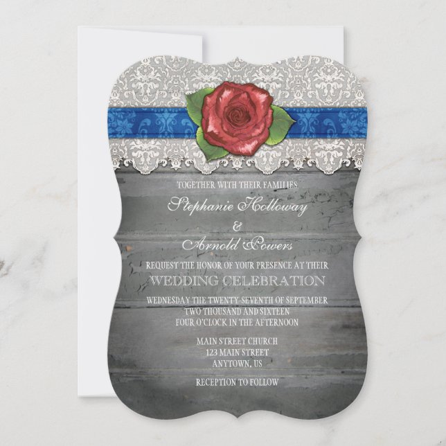 Invitation Blue Grey Rustic Wood Rose Mariage Inviter (Devant)