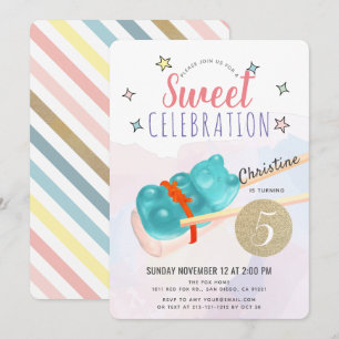 Invitation Blue Gummy Ours Candy Sushi Fille Anniversaire