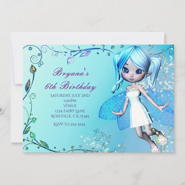 Invitation Blue Haired Fairy Girls Anniversaire Fête Invitati (Devant)