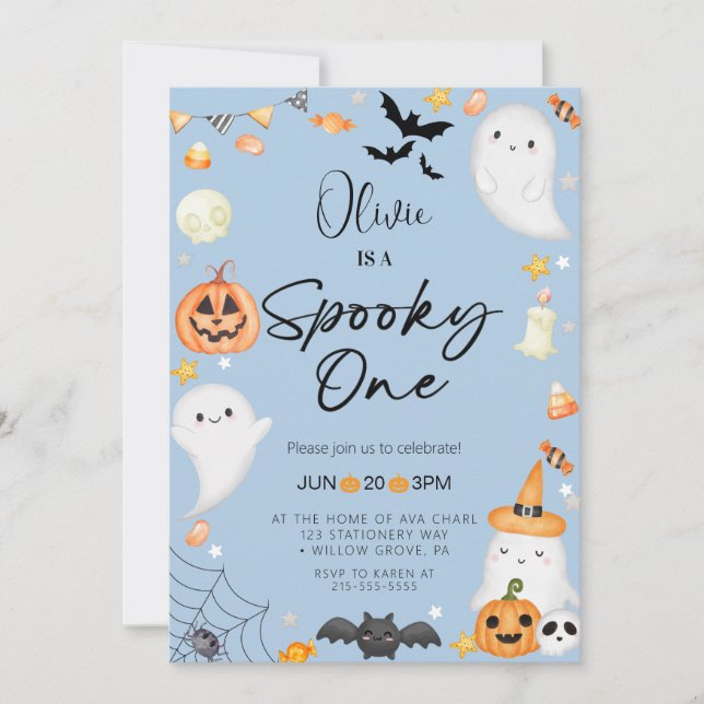 Invitation Blue Halloween Ghost 1st Boy Anniversaire (Devant)