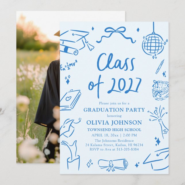 Invitation Blue Hand Drawn Class of 2027 Graduation Party (Devant / Derrière)