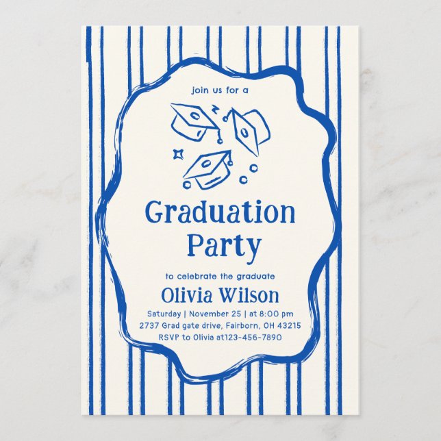Invitation Blue Hand Drawn Doodle Graduation Party (Devant)