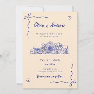 Invitation Blue Hand Drawn Sketch Venue Wedding