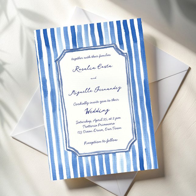 Invitation Blue hand drawn vintage stripes wedding (Blue hand drawn stripes hand writing vintage wedding invitation cards template )