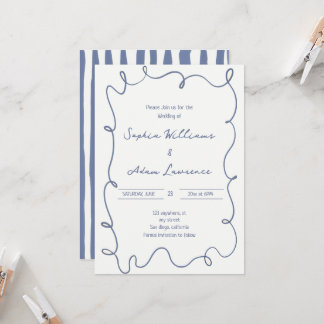 Invitation Blue  Hand Written Pinstripes Whimsical Wedding