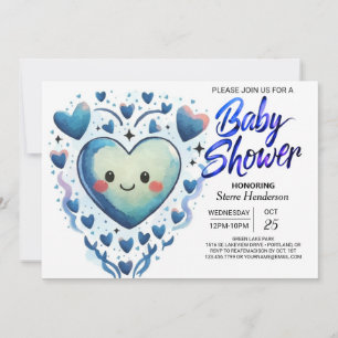 Invitation Blue Hearts Little Cutie Elégant Baby shower garço