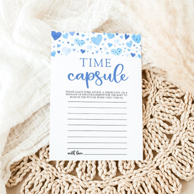 Invitation Blue Hearts Valentine Baby shower temps Capsule (Watercolor Blue Hearts Valentine Sweetheart Heartbreaker February Boy Time Capsule Baby Shower Game)
