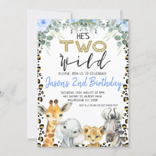 Invitation Blue He's Two Wild Cheetah Imprimer 1er anniversai