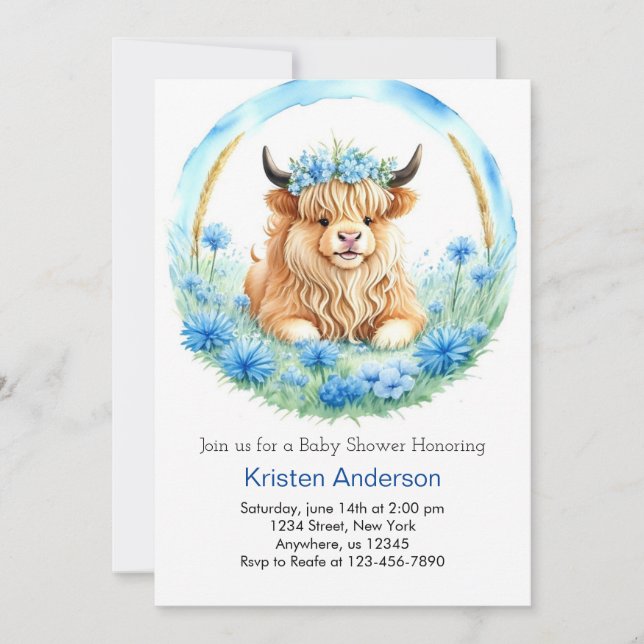 Invitation Blue Highland Cow Adventure Boy Baby shower (Devant)