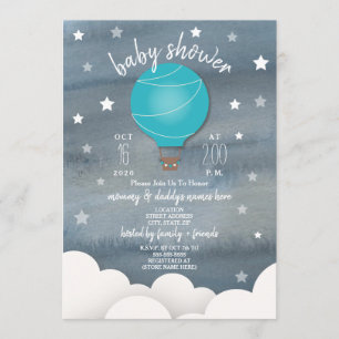 Invitation Blue Hot Air Balloon + Stars Boy Baby shower