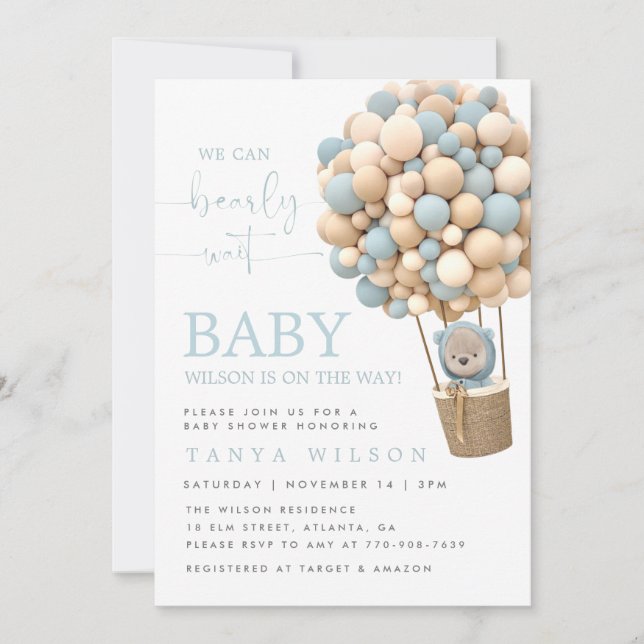 Invitation Blue Hot Air Balloon Teddy Bear Baby shower Invita (Devant)