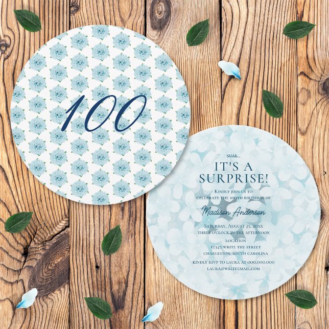 Invitation Blue Hydrangea 100e fête d'anniversaire surprise (Front and Back)