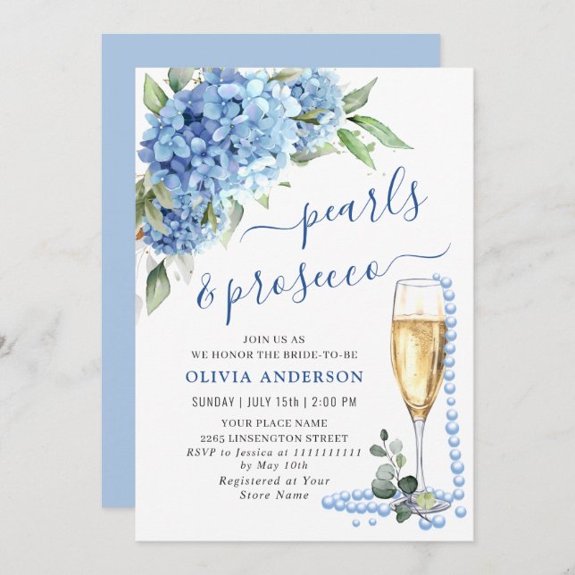Invitation Blue Hydrangea Aquarelle Brunch floral et Bubbly (Devant / Derrière)