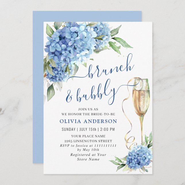 Invitation Blue Hydrangea Aquarelle Brunch floral et Bubbly (Devant / Derrière)