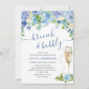 Invitation Blue Hydrangea Aquarelle Brunch floral et Bubbly
