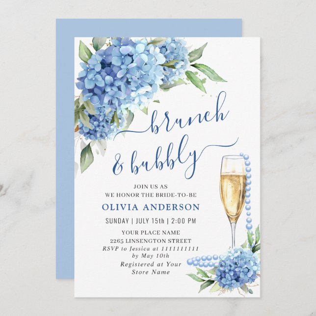 Invitation Blue Hydrangea Aquarelle Brunch floral et Bubbly (Devant / Derrière)