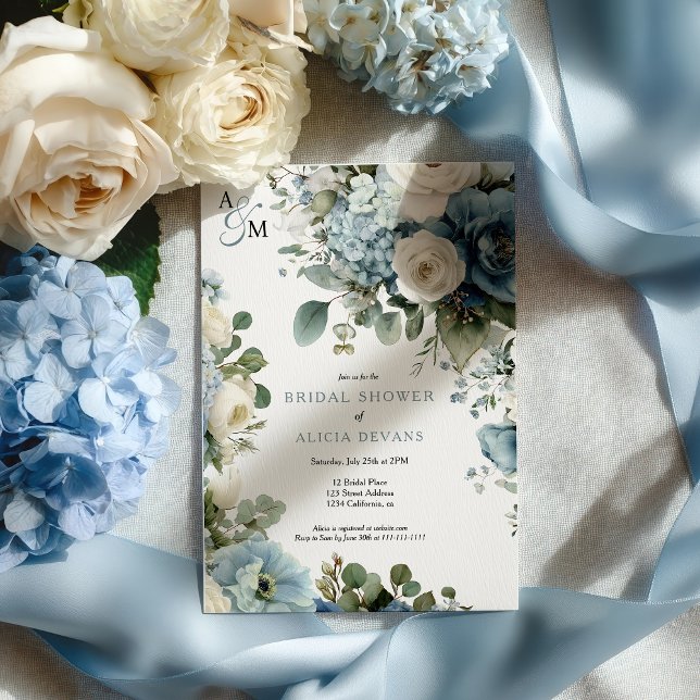 Invitation Blue Hydrangea Aquarelle Fête des mariées florale (Blue Hydrangea Watercolor Floral Bridal Shower Invitation)