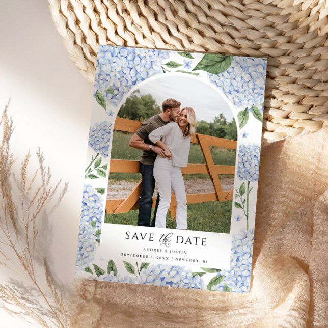 Invitation Blue Hydrangea Arched Photo Enregistrer la date (Beautiful Hydrangea Save the Date with Your Photo)