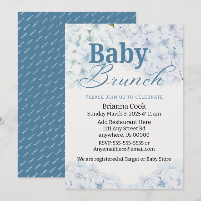 Invitation Blue Hydrangea Baby shower / Bébé Brunch Invitatio (Devant / Derrière)