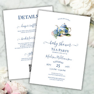 Invitation Blue Hydrangea Baby shower Tea Party QR code