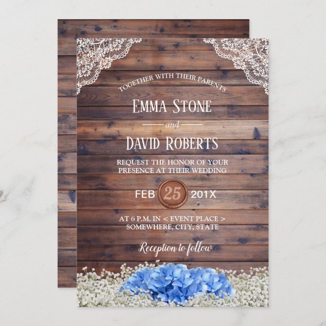Invitation Blue Hydrangea Bébé's Breath Rustic Barn Mariage (Devant / Derrière)