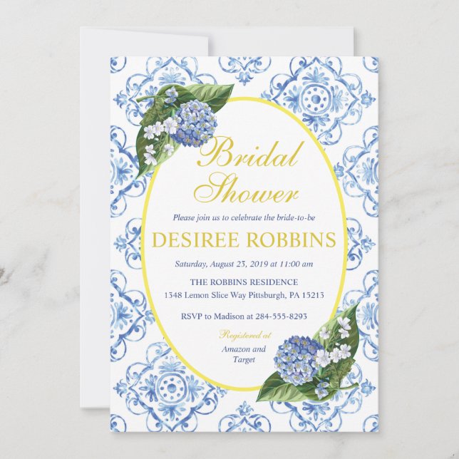 Invitation Blue Hydrangea Blue Carrelage Douche nuptiale Invi (Devant)