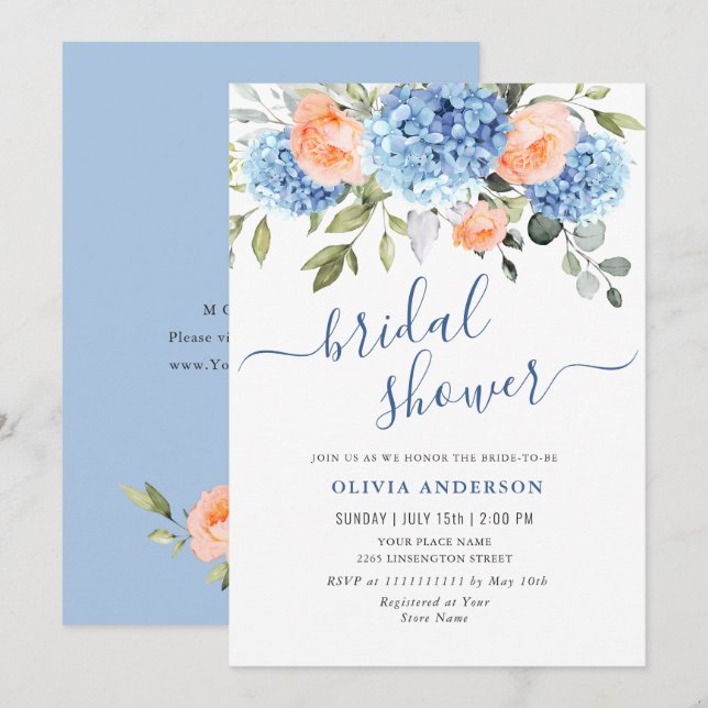Invitation Blue Hydrangea Blush Rose Roses FÊTE DES MARIÉES (Devant / Derrière)