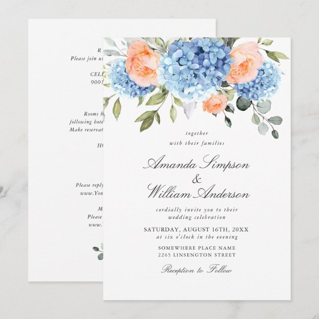 Invitation Blue Hydrangea Blush Rose Roses Mariage tout en un (Devant / Derrière)