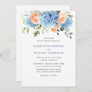 Invitation Blue Hydrangea Blush Rose Roses Mariage tout en un