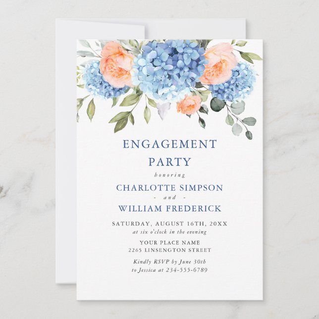 Invitation Blue Hydrangea Blush Rose Roses PARTICIPANT (Devant)