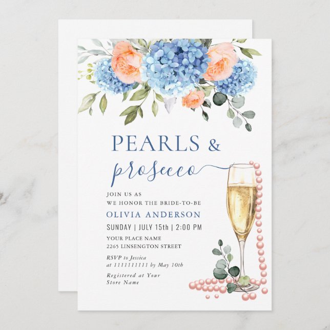 Invitation Blue Hydrangea Blush Roses rose PERLES & Prosecco (Devant / Derrière)