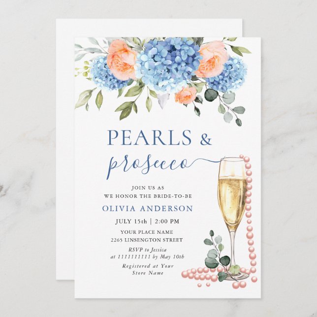 Invitation Blue Hydrangea Blush Roses rose PERLES & Prosecco (Devant / Derrière)