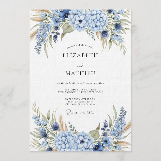 Invitation Blue Hydrangea Botanical Wedding (Devant)