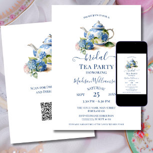 Invitation Blue Hydrangea Bride Tea Party Code QR