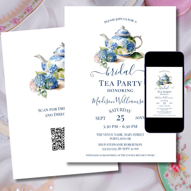 Invitation Blue Hydrangea Bride Tea Party Code QR (Créateur téléchargé)