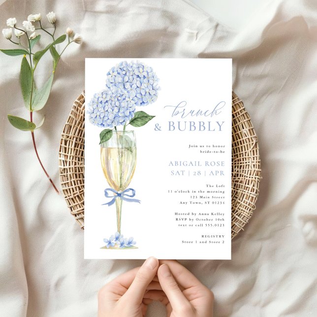 Invitation Blue Hydrangea Brunch et Bubbly Champagne Glass (Créateur téléchargé)