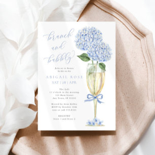 Invitation Blue Hydrangea Brunch et Bubbly Gold Champagne