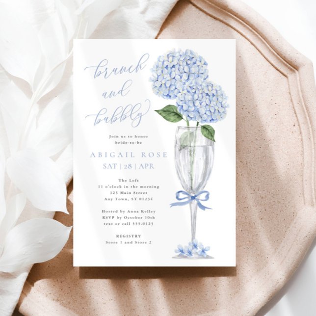 Invitation Blue Hydrangea Brunch et Bubbly Silver Champagne (Créateur téléchargé)