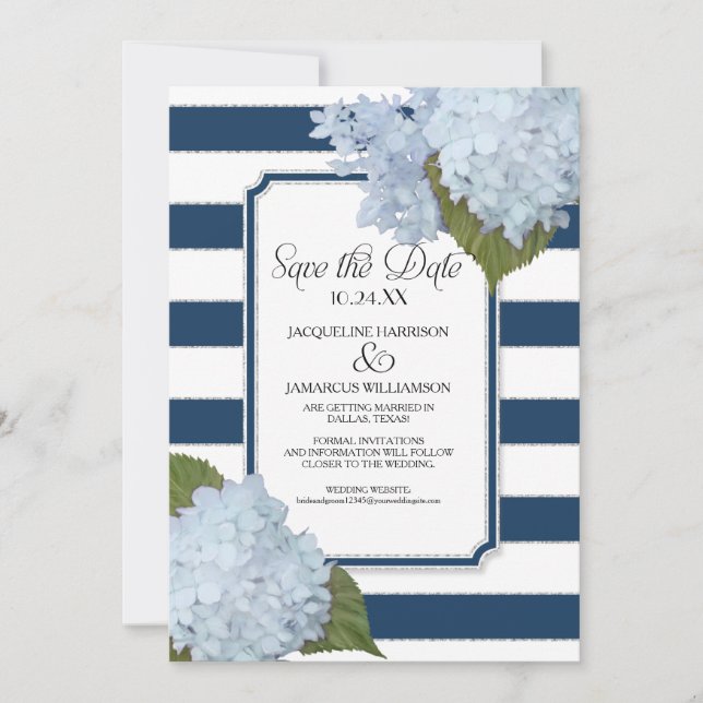 Invitation Blue Hydrangea Enregistrer la date Large striped F (Devant)