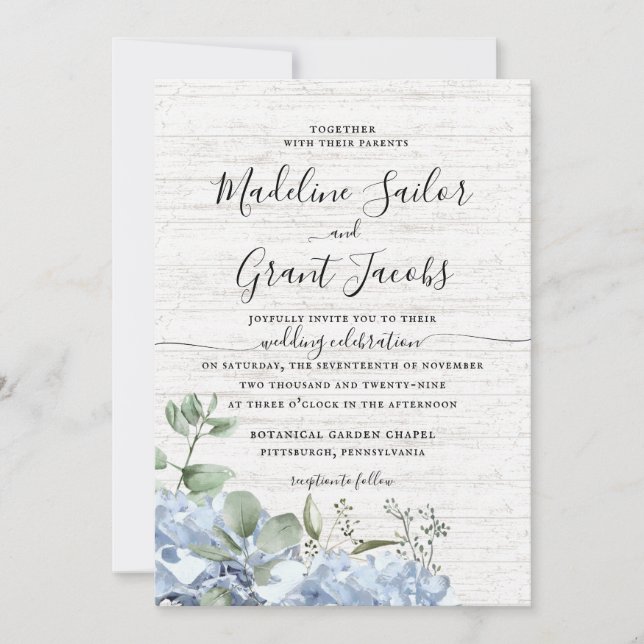 Invitation Blue Hydrangea et verdure Grange Mariage en bois I (Devant)
