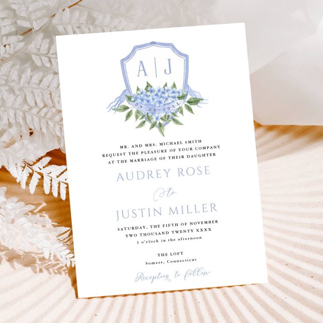 Invitation Blue Hydrangea Fleurs Aquarelle Crest Mariage (Créateur téléchargé)