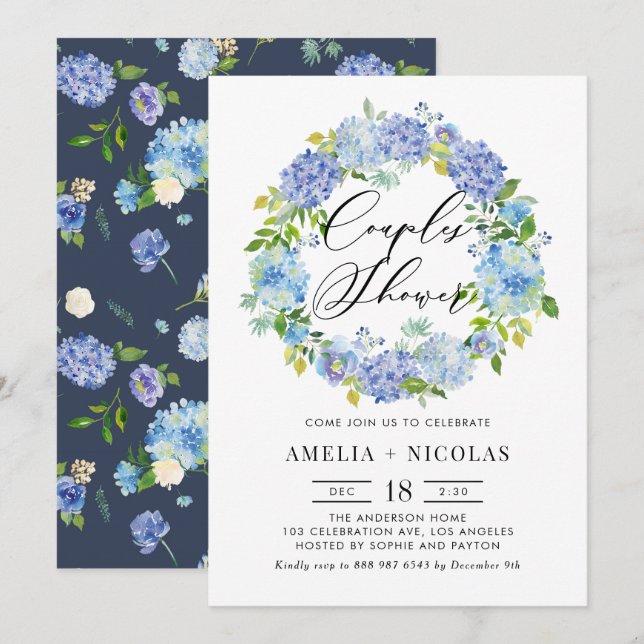 Invitation Blue Hydrangea Fleurs Wreath Couples Douche (Devant / Derrière)