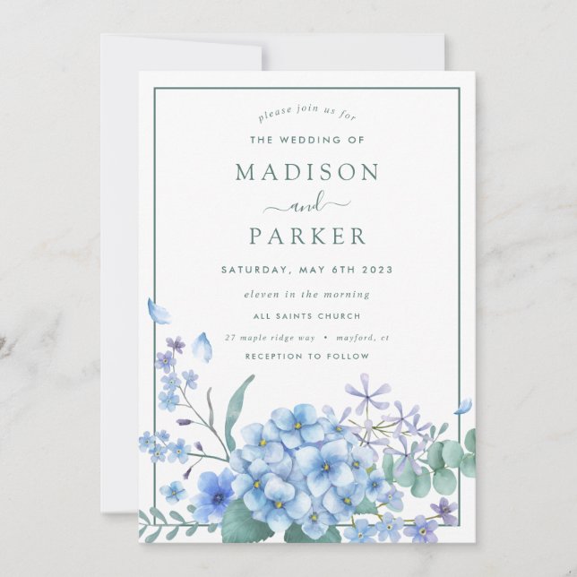 Invitation Blue Hydrangea Floral Mariage (Devant)