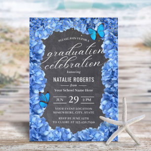 Invitation Blue Hydrangea Flower & Butterfly Graduation Party