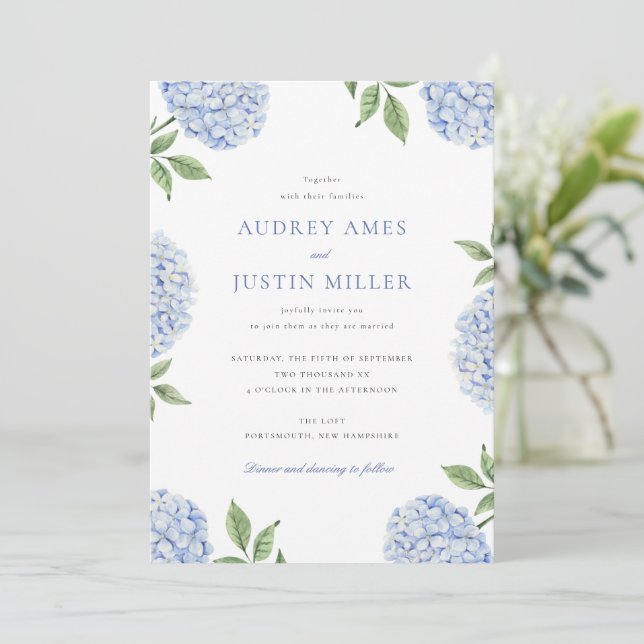 Invitation Blue Hydrangea Flower Classic Mariage (Debout devant)