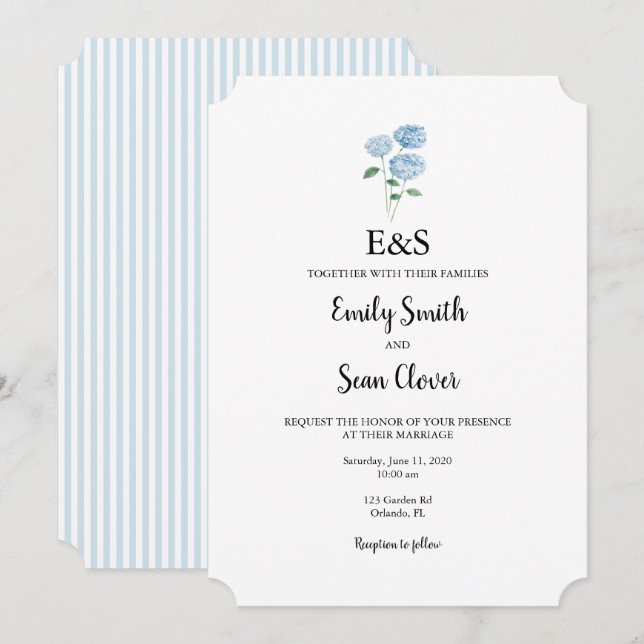 Invitation Blue Hydrangea Flower Wedding Monogram Blue Stripe (Devant / Derrière)