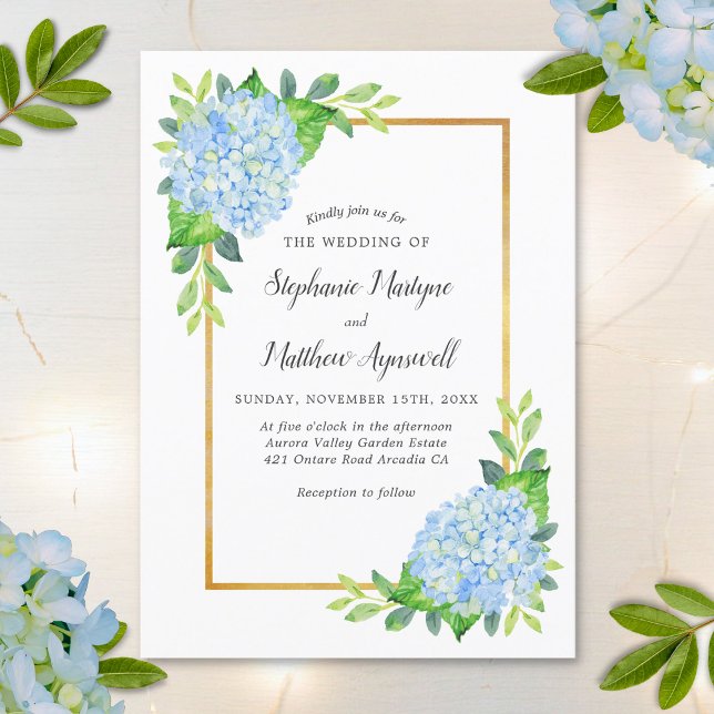 Invitation Blue Hydrangea Gold Bordure Mariage d'aquarelle (Créateur téléchargé)