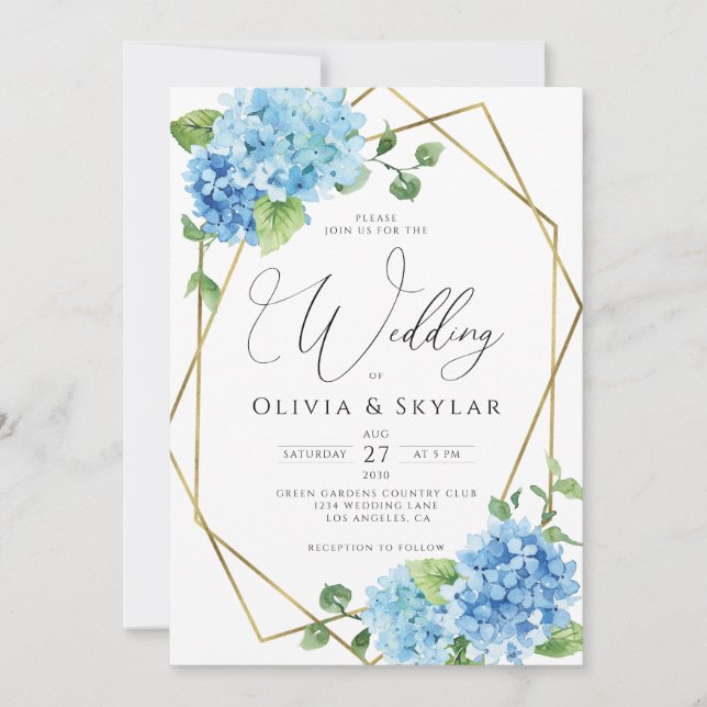 Invitation Blue Hydrangea Gold QR Code Tout en un Mariage (Devant)