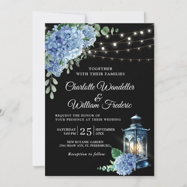 Invitation Blue Hydrangea Lantern Arrière - plan noir Mariage (Devant)