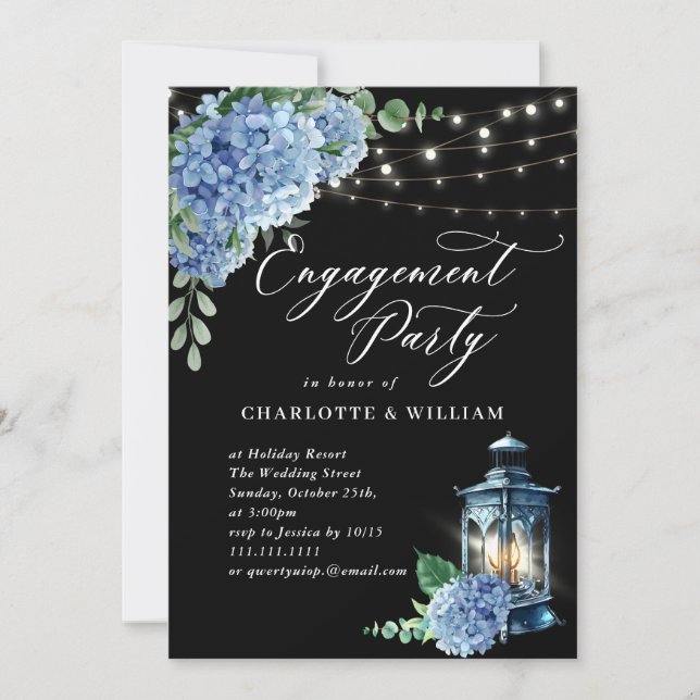 Invitation Blue Hydrangea Lanterne Black Boho Party (Devant)